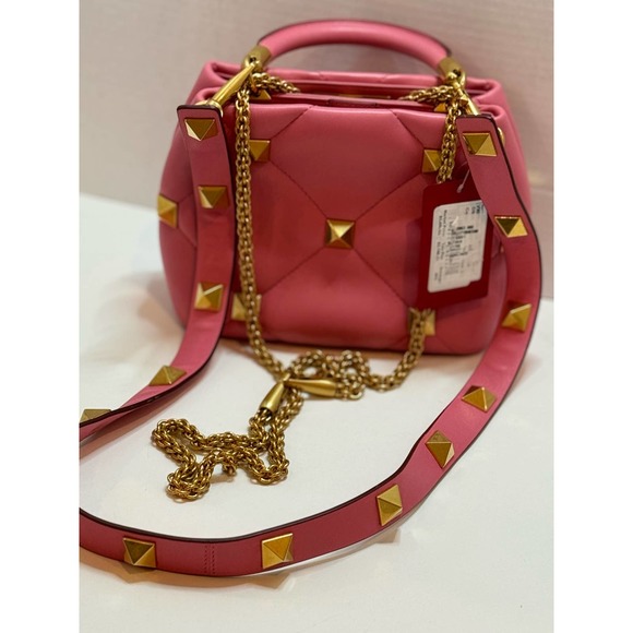 VALENTINO GARAVANI NAPPA SMALL ROMAN STUD THE HANDLE BAG FLAMINGO PINK - Picture 10 of 14